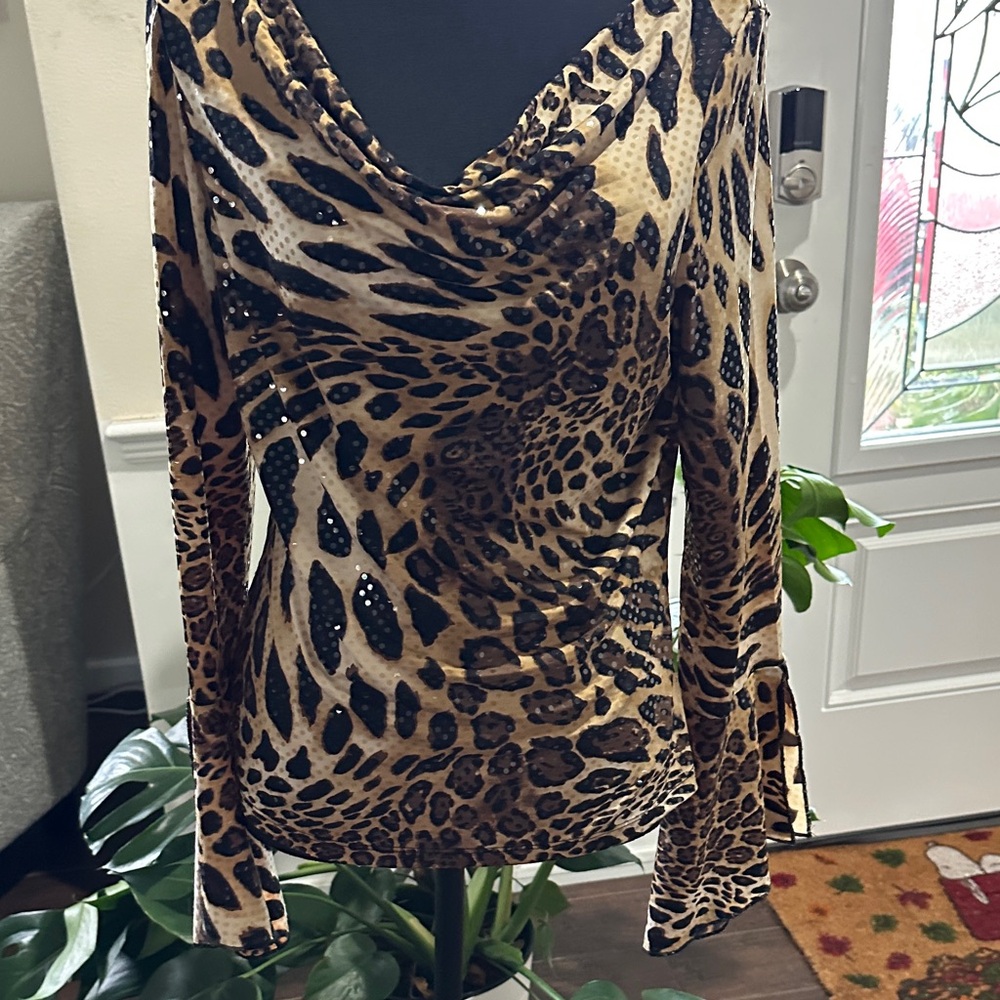 Leopard Print Cowl Neck Long Sleeve Top - Brown